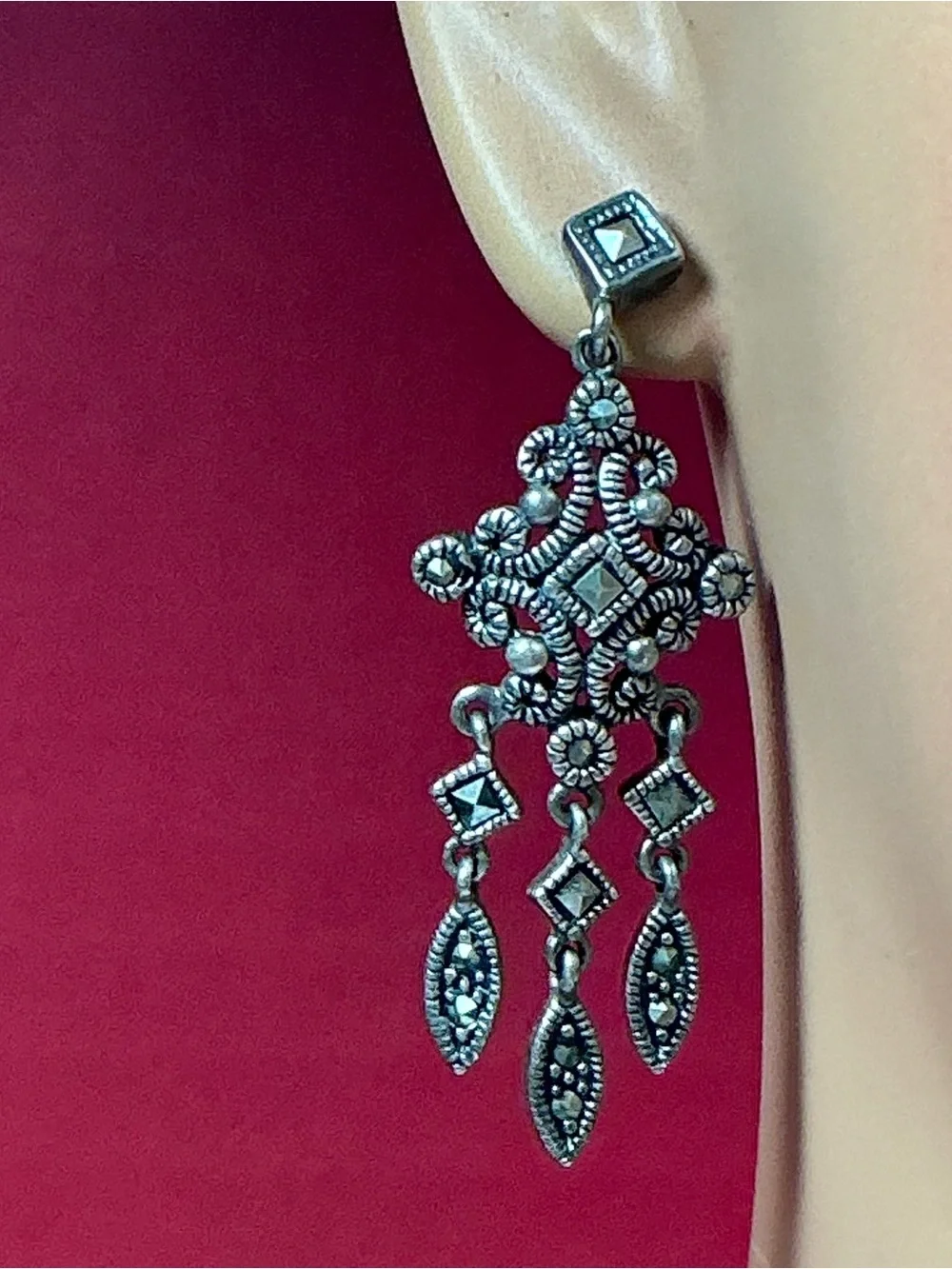 Sterling Silver Chandelier Style Dangle Earrings with Marcasite. 1.75” long